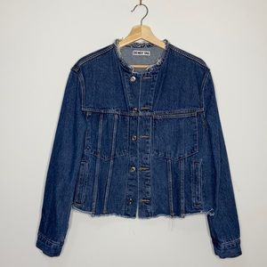 Dark Wash Denim Jean Jacket with Fringe Collar & Hem